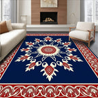 Bold Red Sunburst Mandala Border Rug