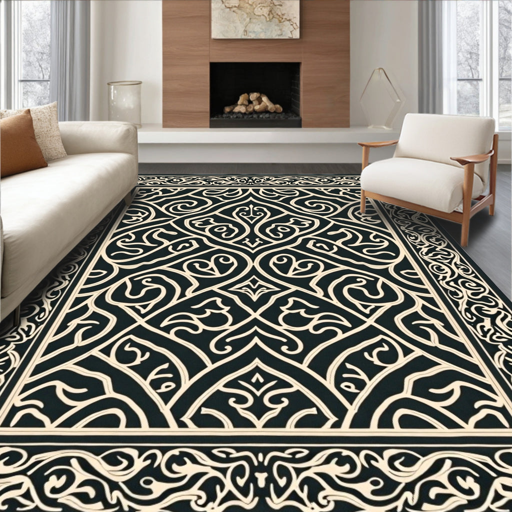 Classic Black Ivory Arabesque Scroll Rug