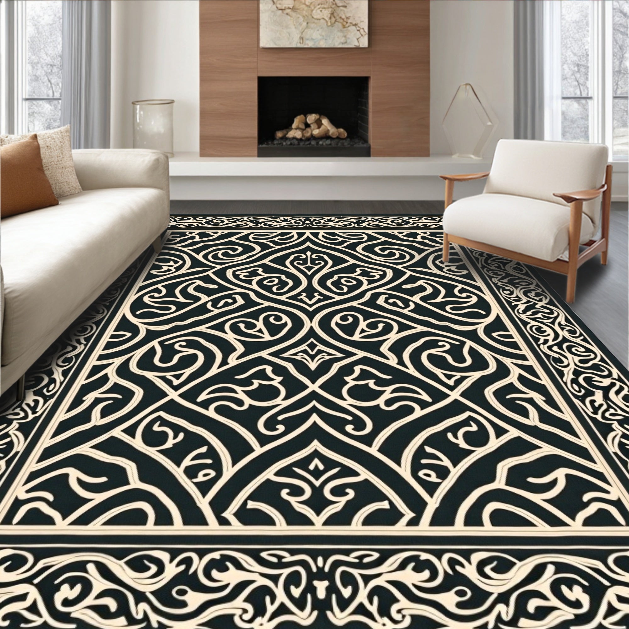 Classic Black Ivory Arabesque Scroll Rug