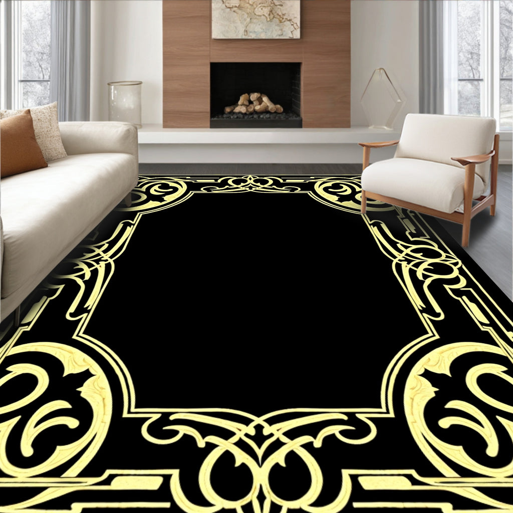Golden Art Nouveau Scroll Border Rug