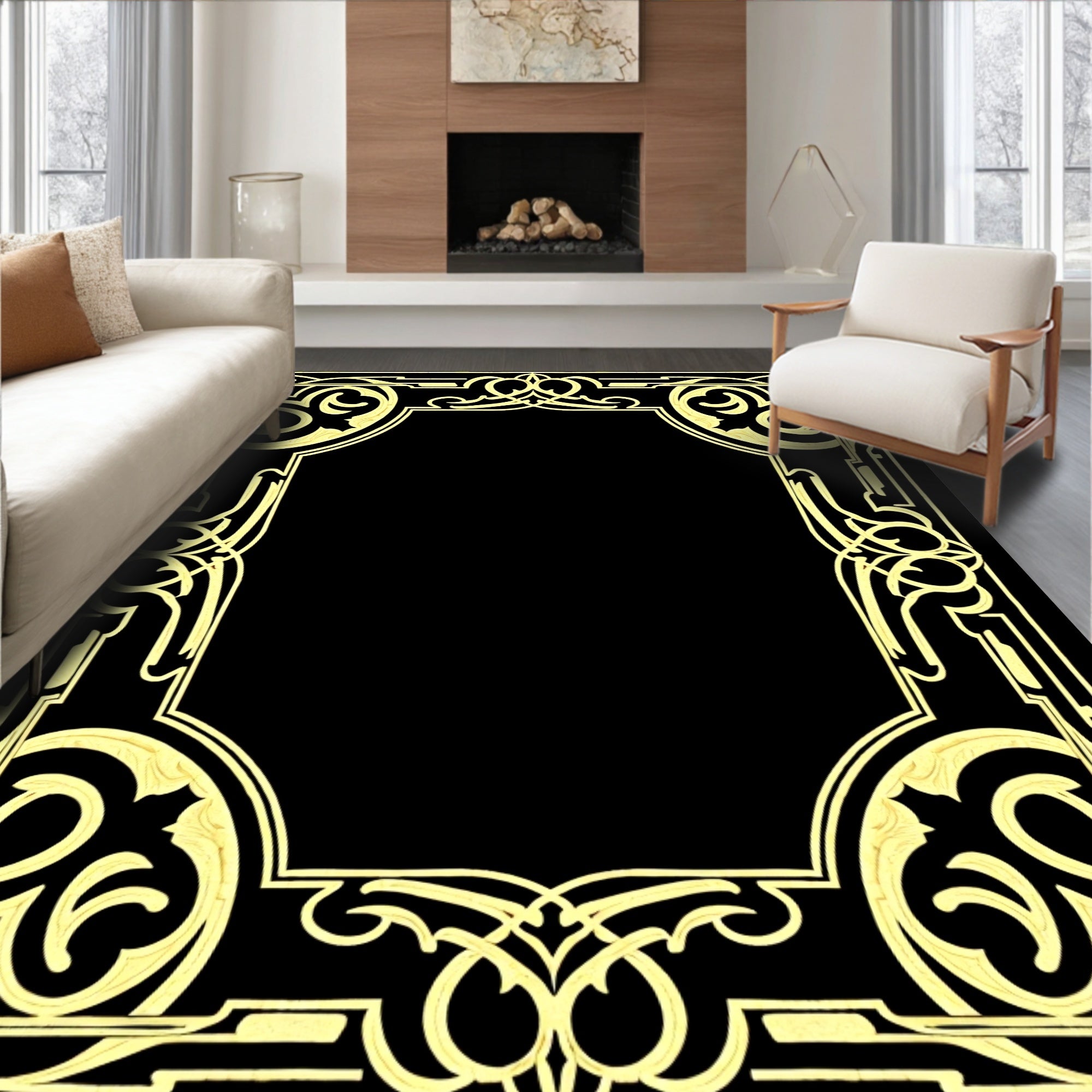 Golden Art Nouveau Scroll Border Rug