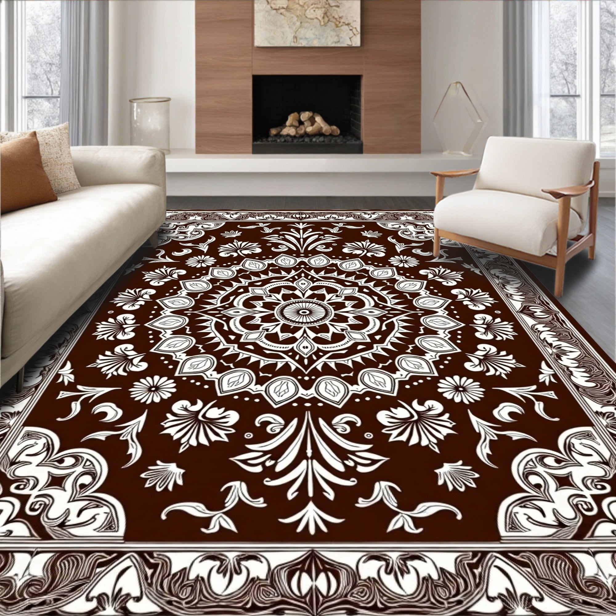 Dark Chocolate White Floral Mandala Medallion Rug