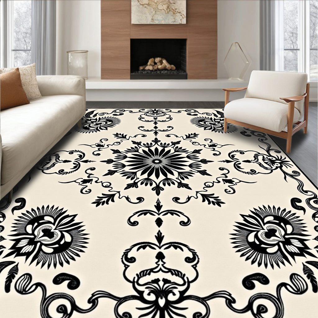 Black and Cream Floral Symmetry Rug