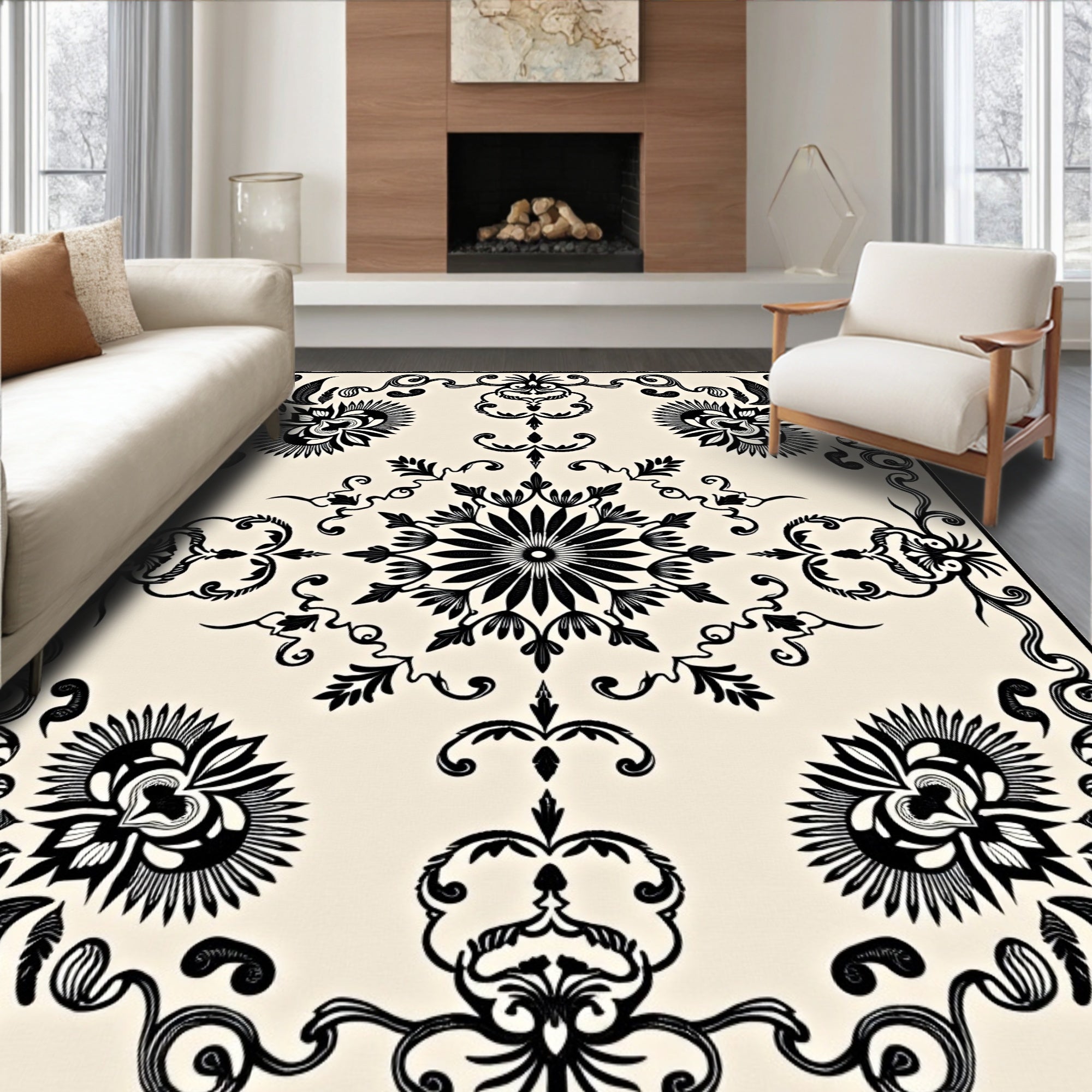 Black and Cream Floral Symmetry Rug