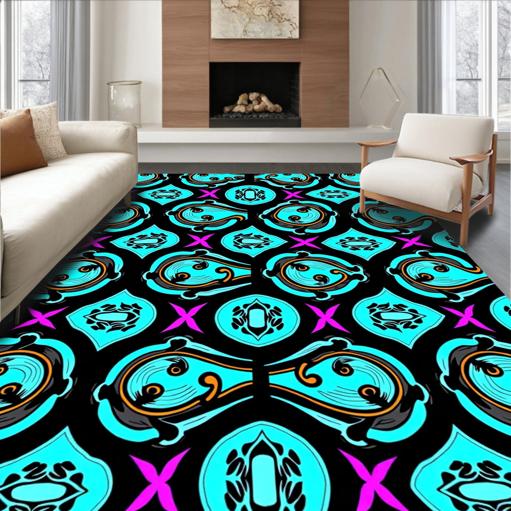 Vibrant Aqua Swirls Black Jewel Accents Rug