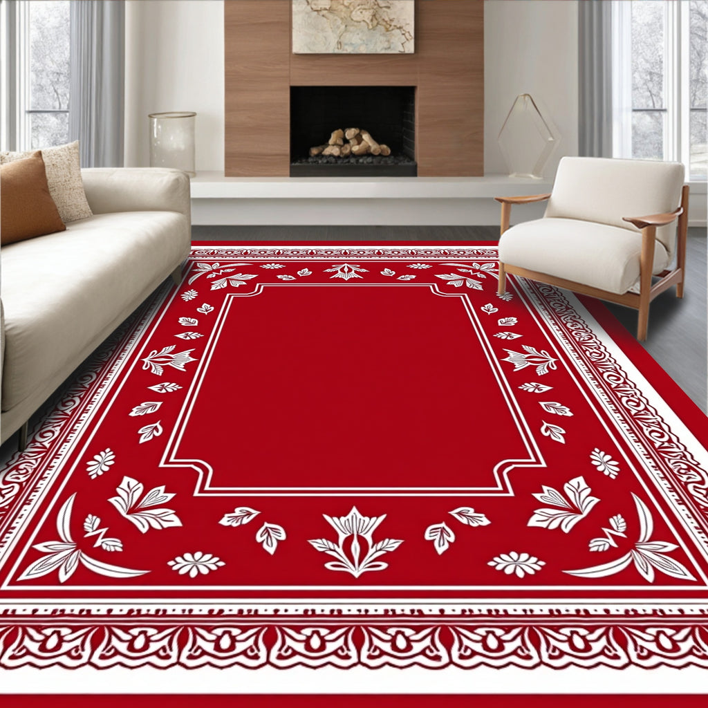 Crimson White Floral Border Square Rug