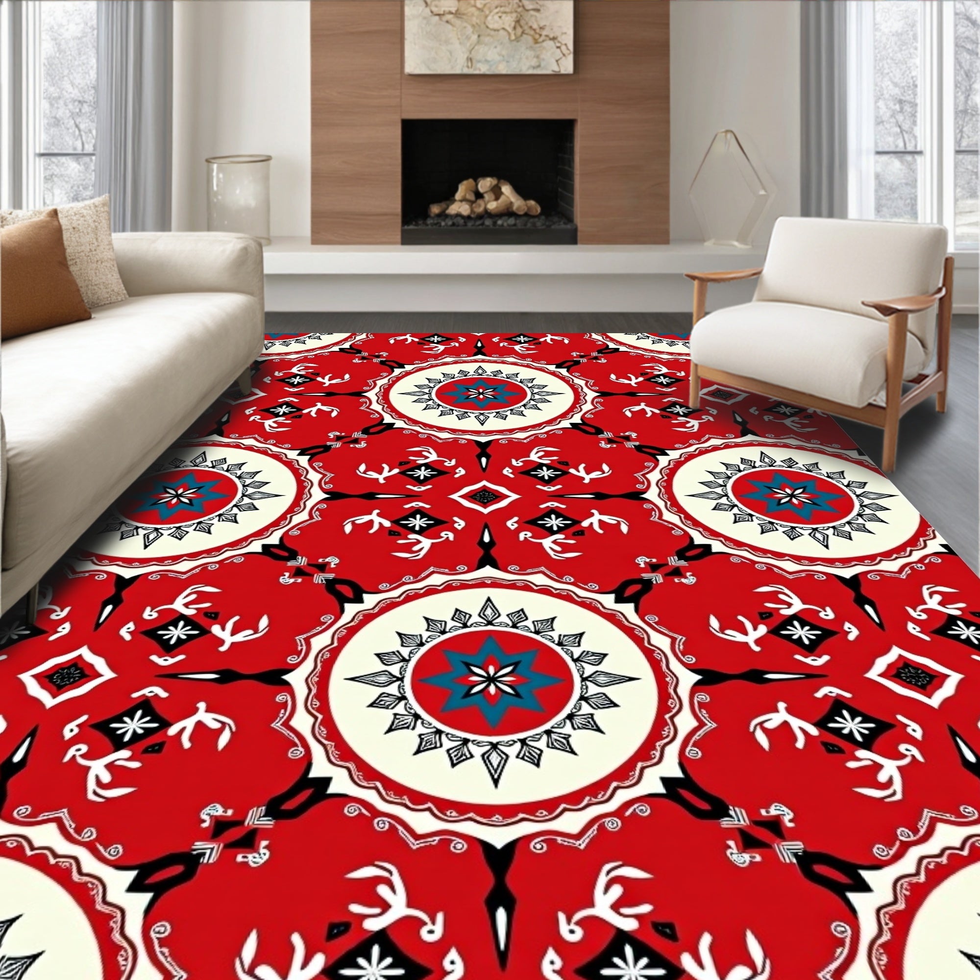 Red Teal Starburst Medallion Mandala Rug