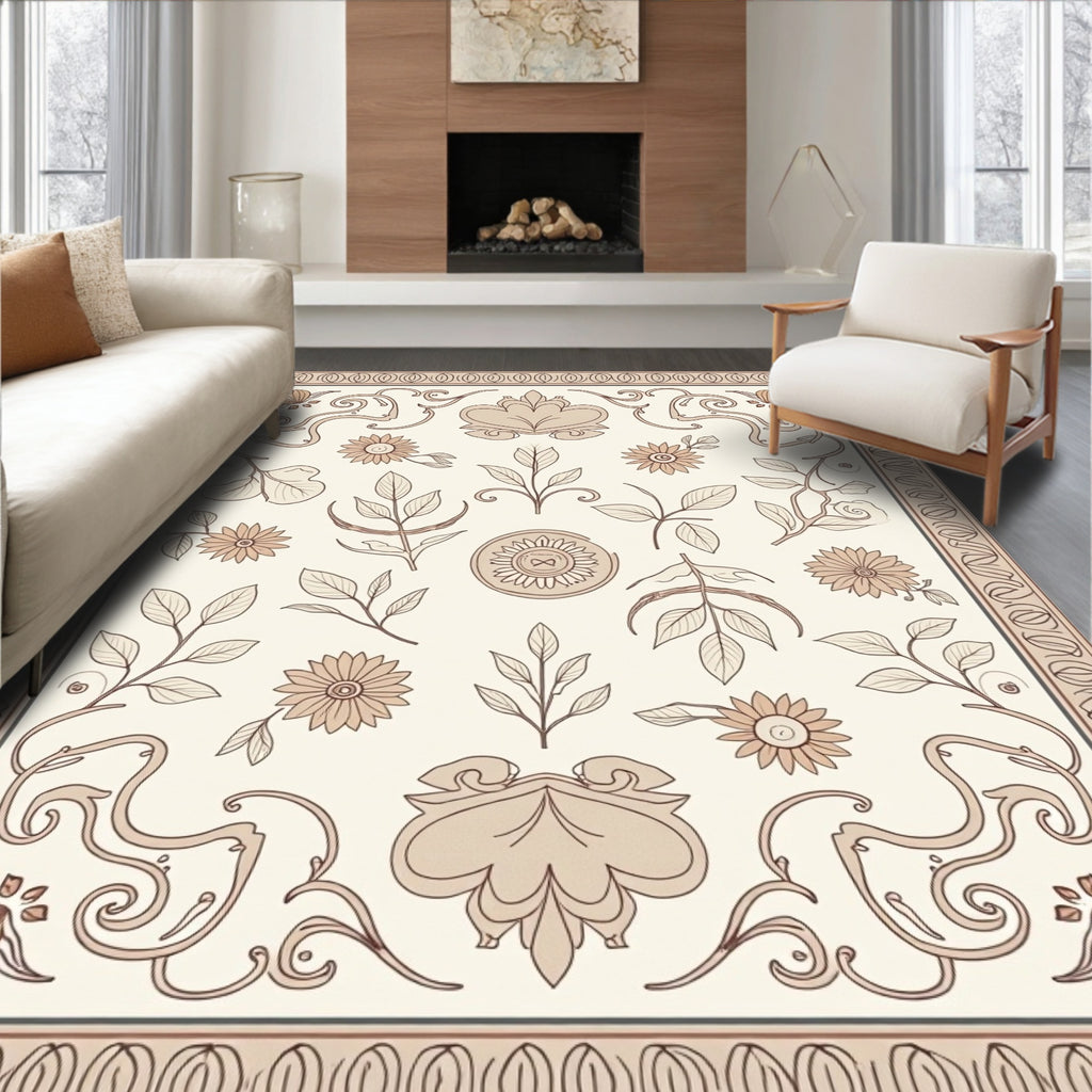 Neutral Floral Vine Border Rug