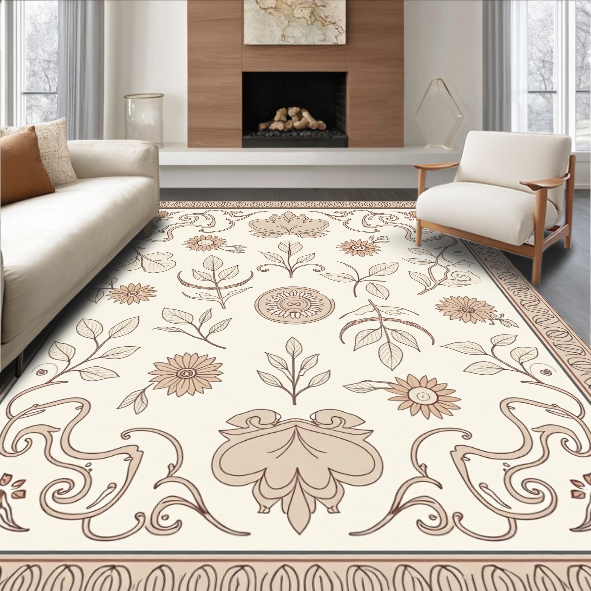 Neutral Floral Vine Border Rug
