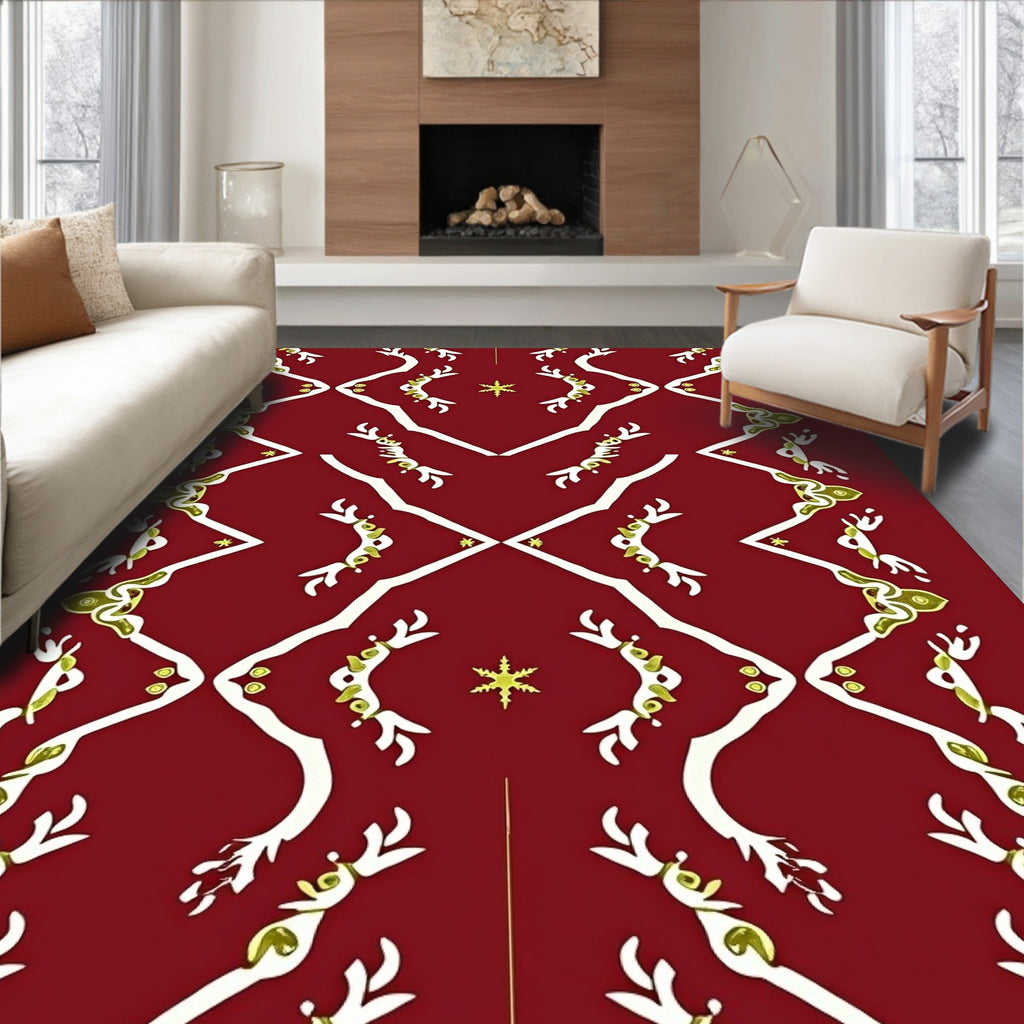 Crimson White Gold Festive Reindeer Rug