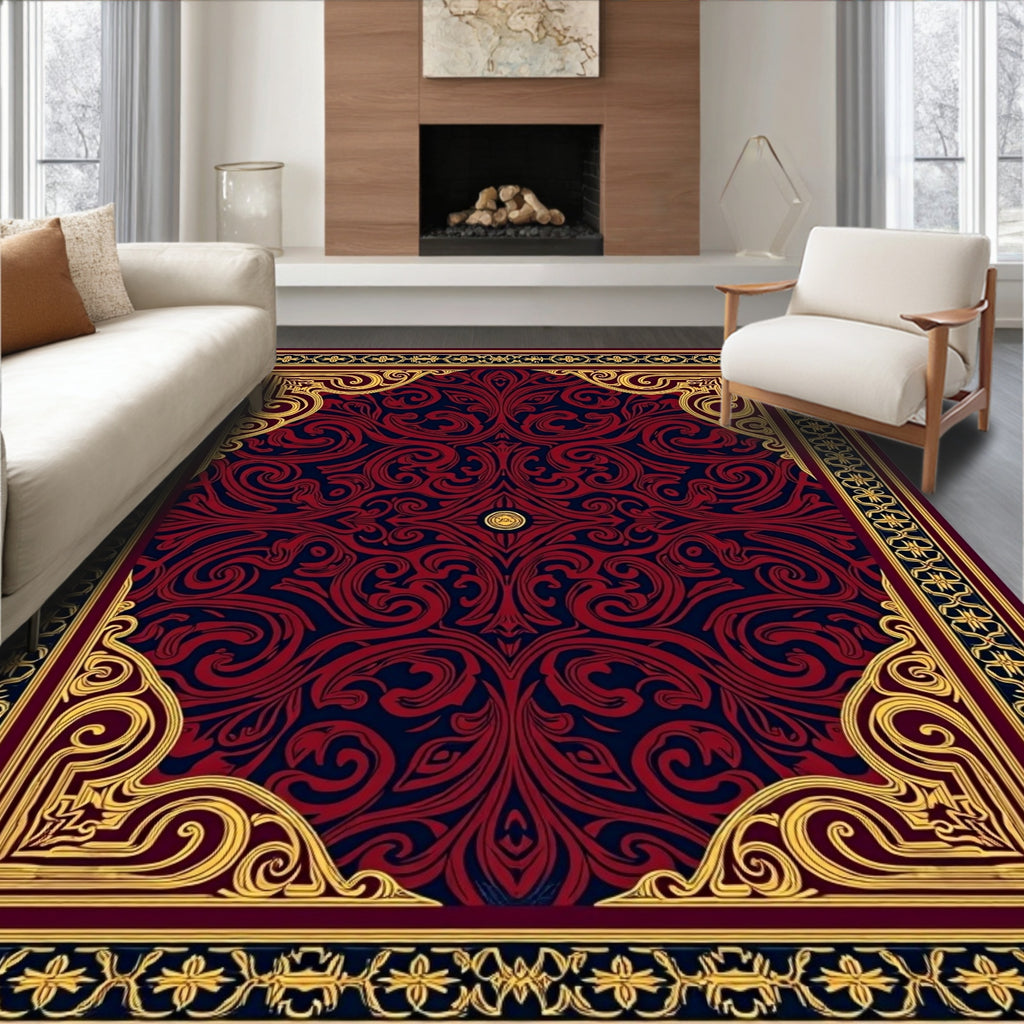 Red and Navy Damask Scroll Medallion Rug