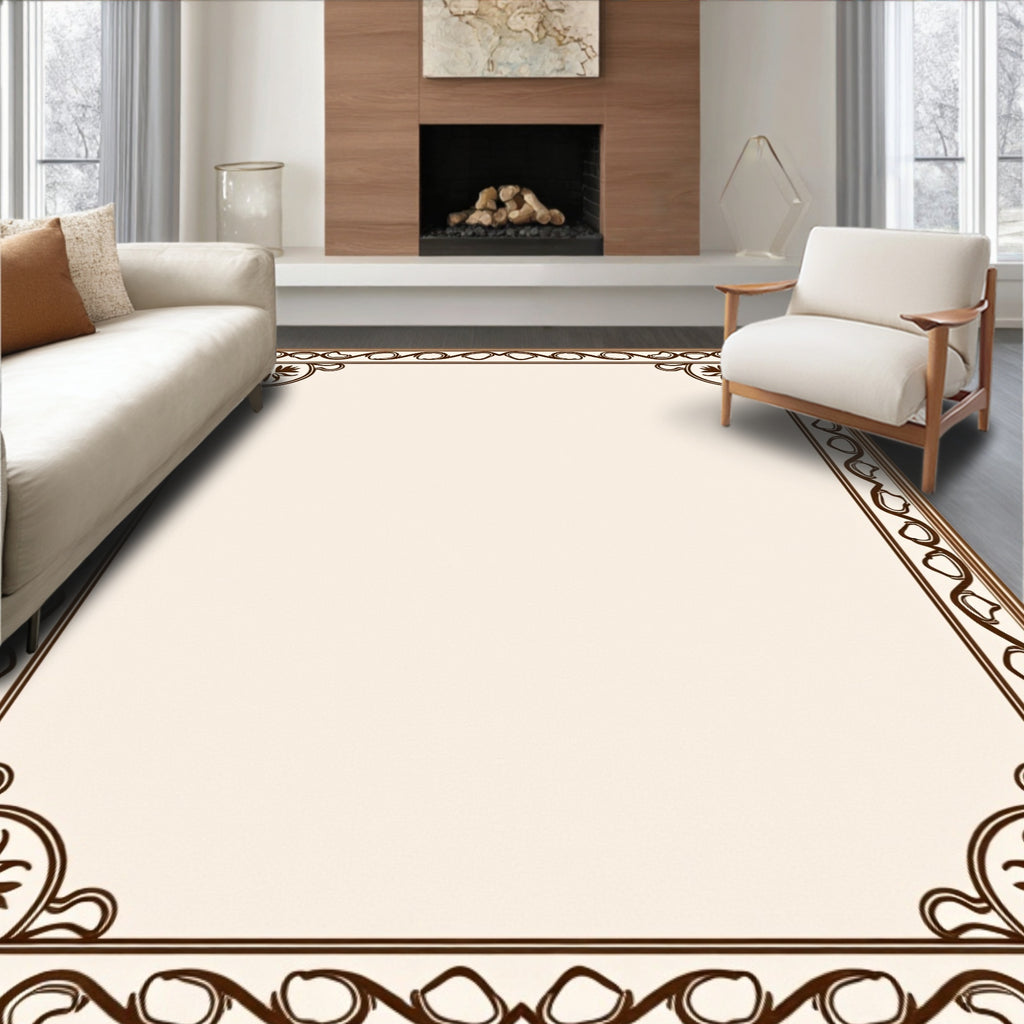 Brown Floral Bordered Ivory Cream Frame Rug