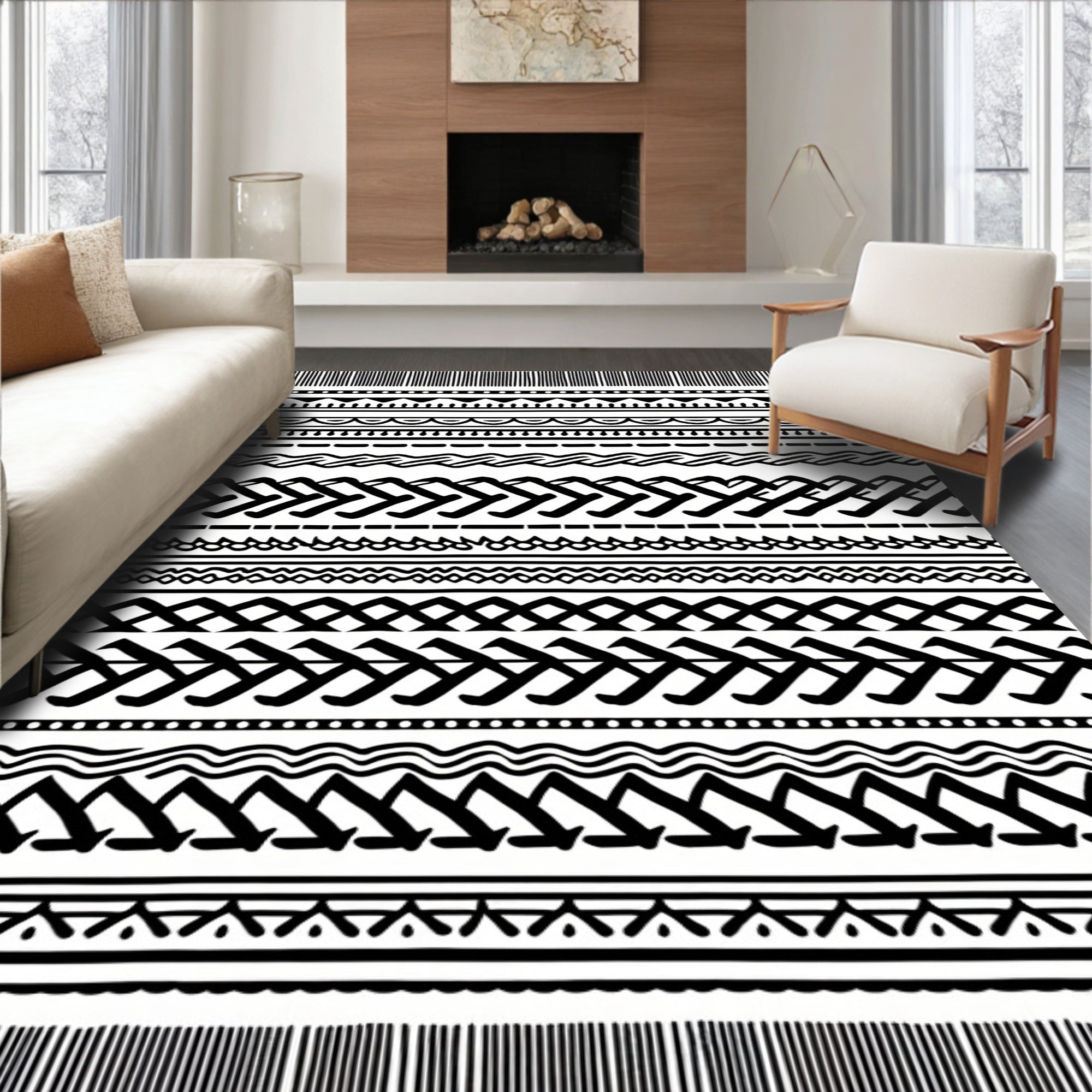 Classic Black White Geometric Stripe Rug