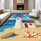 Coastal Seaside Lighthouse Seagull Scene Rug