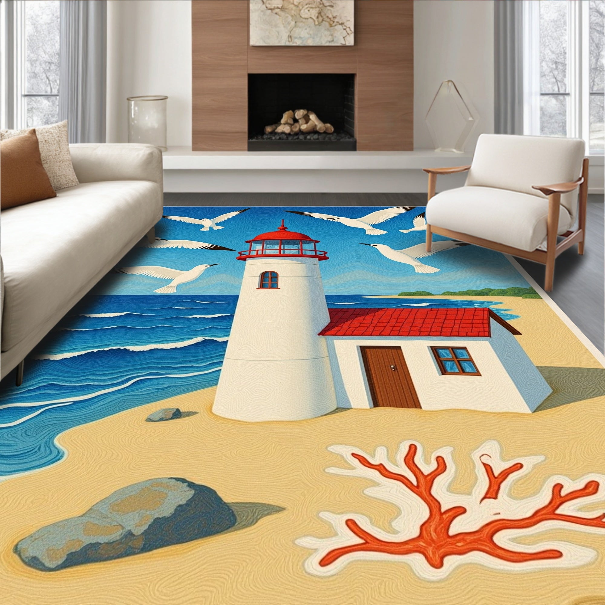 Coastal Seaside Lighthouse Seagull Scene Rug