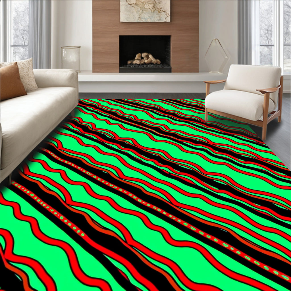 Vibrant Green Red Wavy Stripes Rug