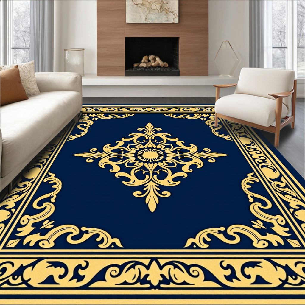 Royal Blue Golden Medallion Border Rug