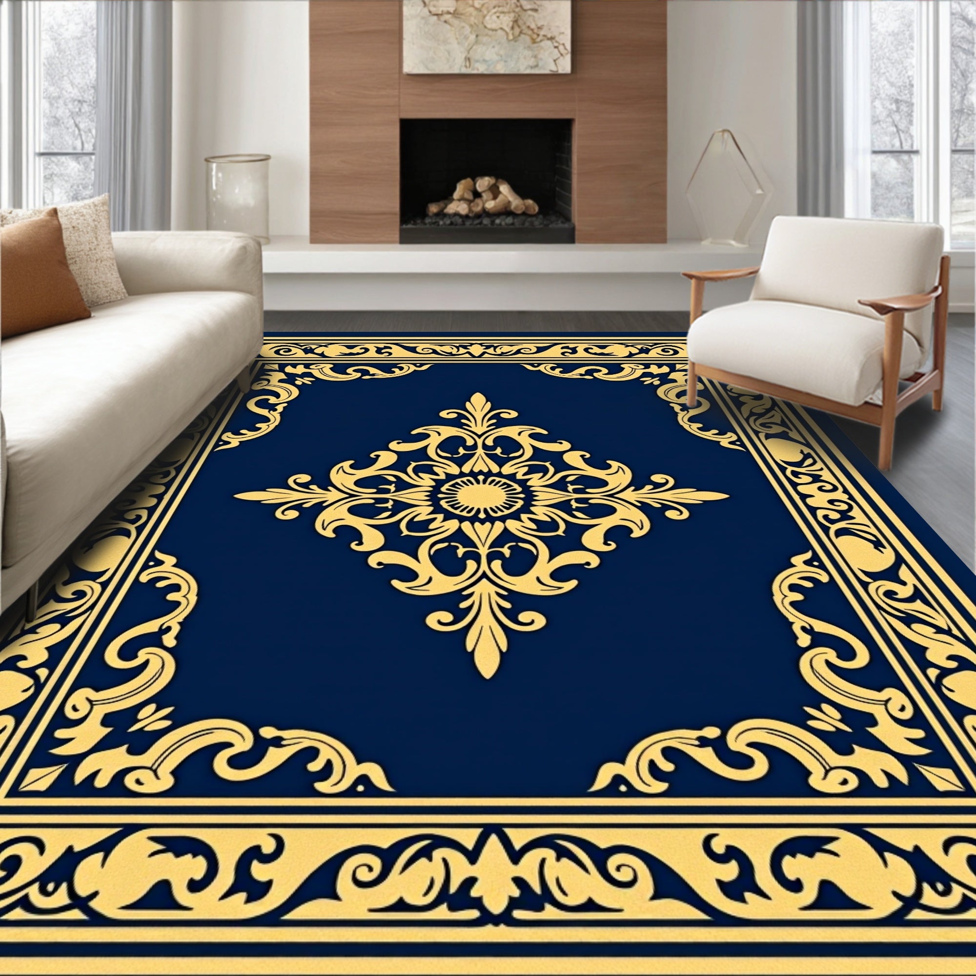 Royal Blue Golden Medallion Border Rug