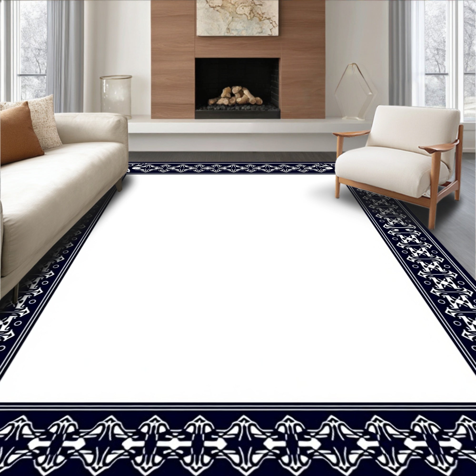 Elegant Navy White Art Deco Border Rug