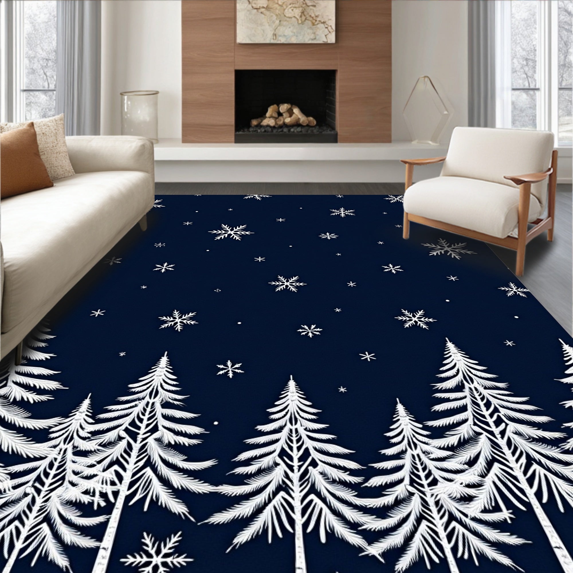 Midnight Blue Snowy Evergreen Forest Rug