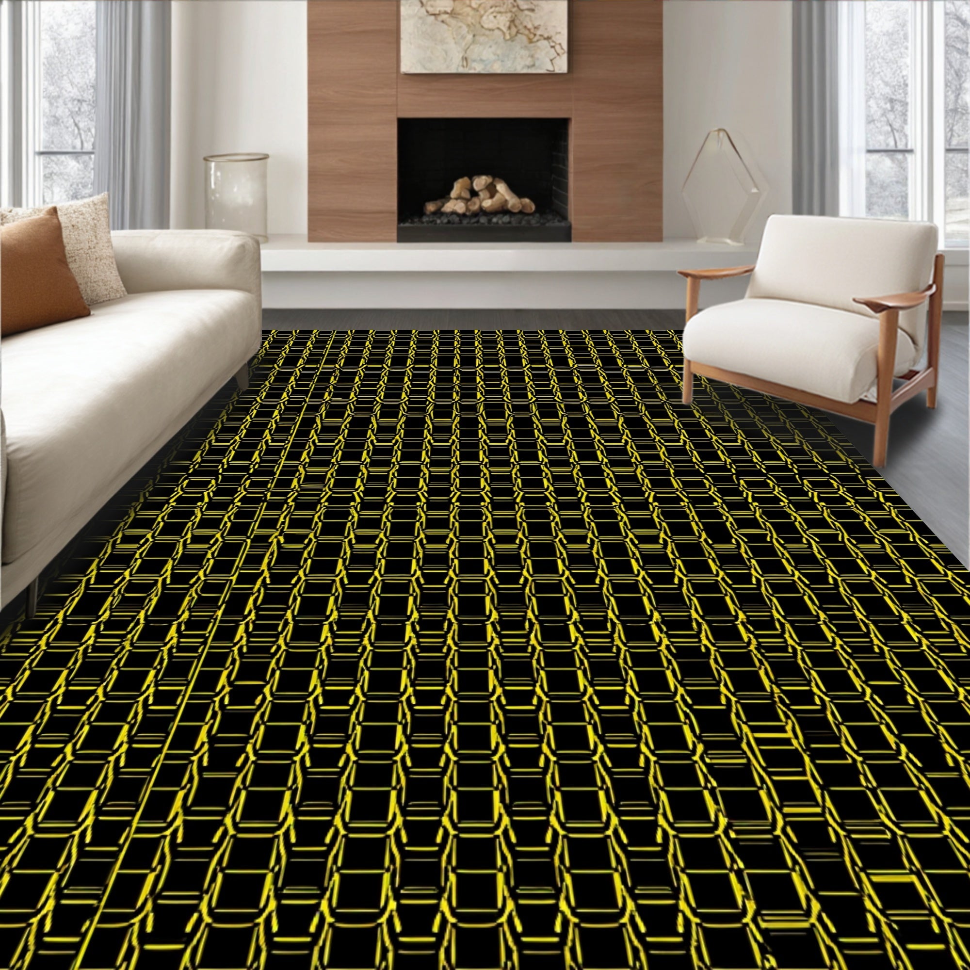 Bold Yellow Geometric Chain Link Rug