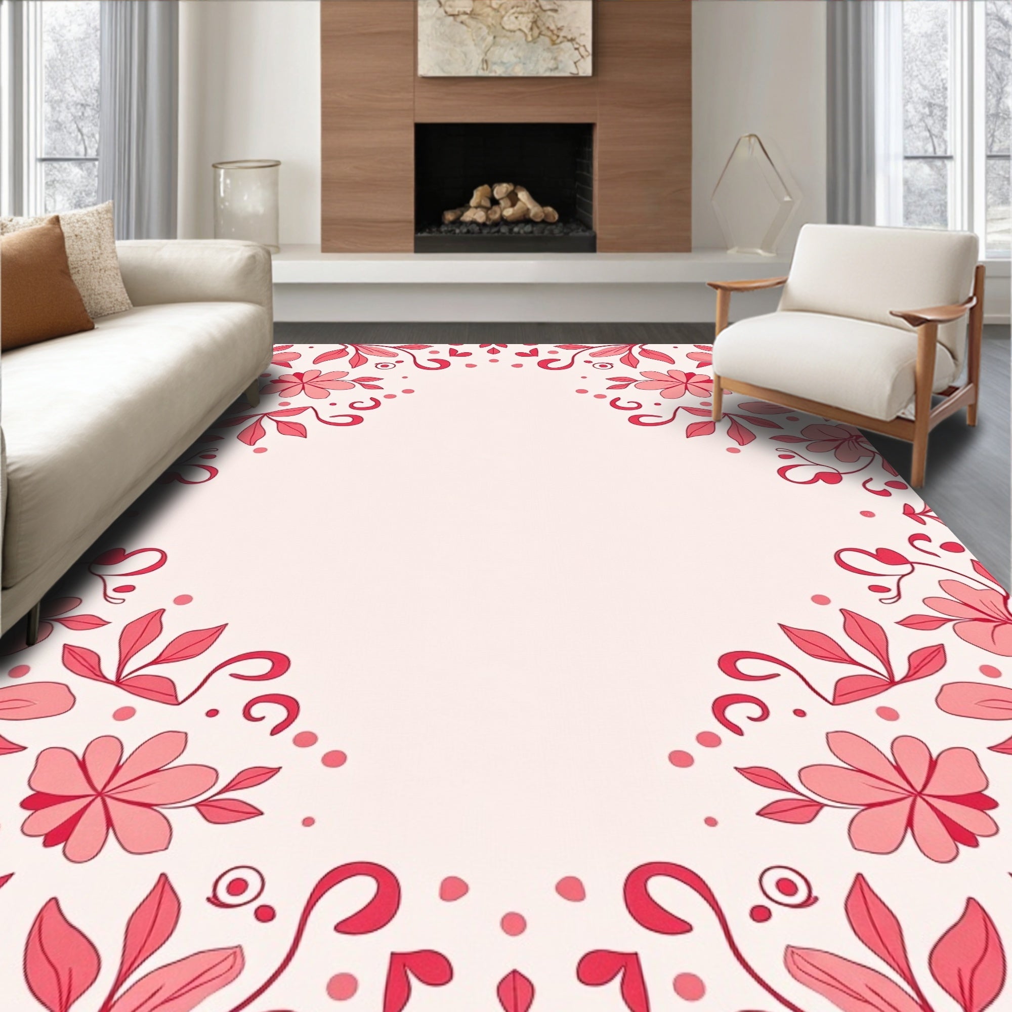 Crimson Floral Vine Border Rug