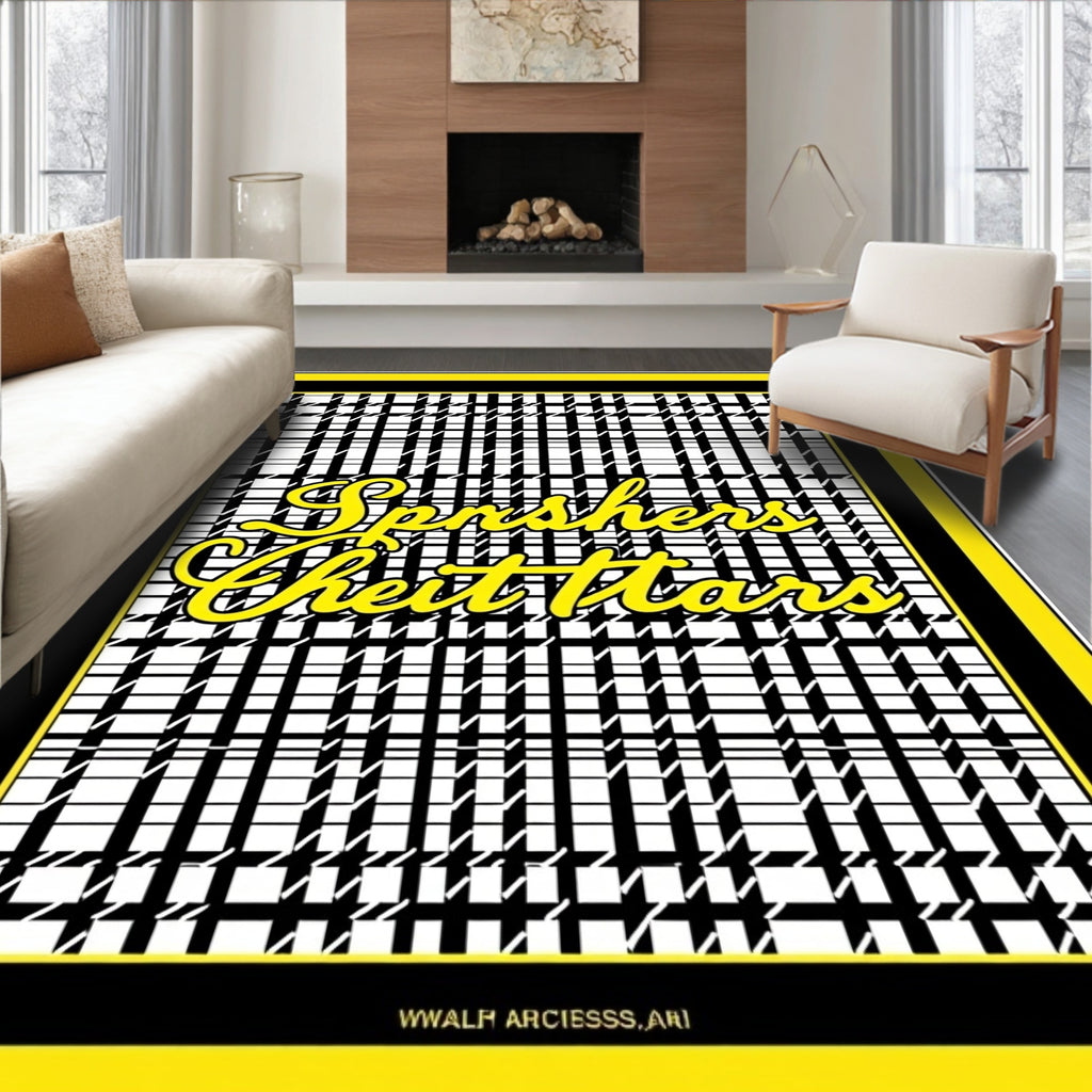Black White Yellow Houndstooth Script Rug