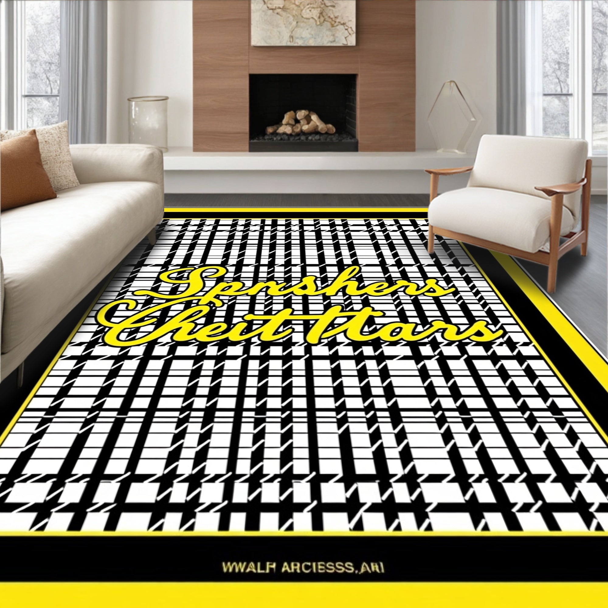 Black White Yellow Houndstooth Script Rug