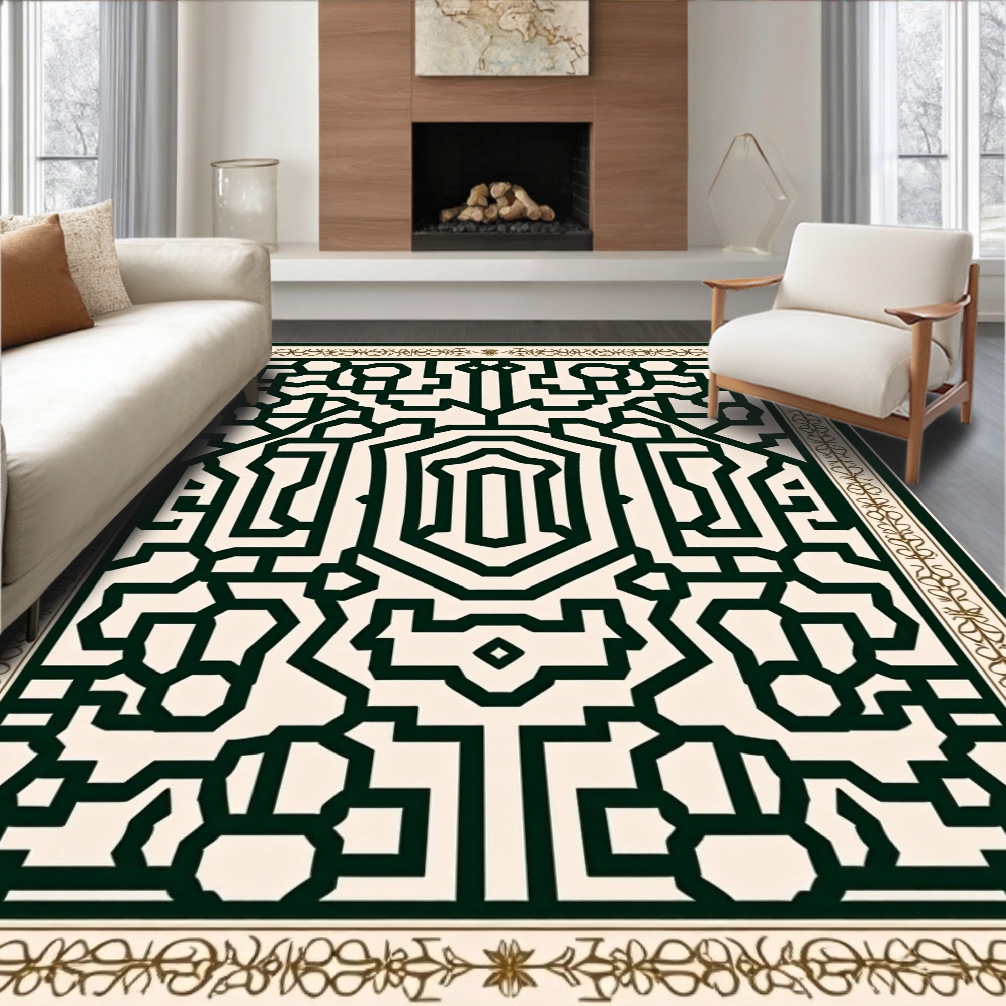 Geometric Dark Green Lattice Border Rug