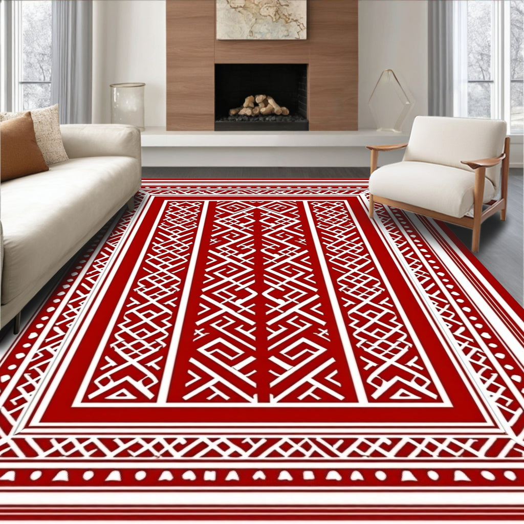 Crisp Red White Geometric Ancestral Rug