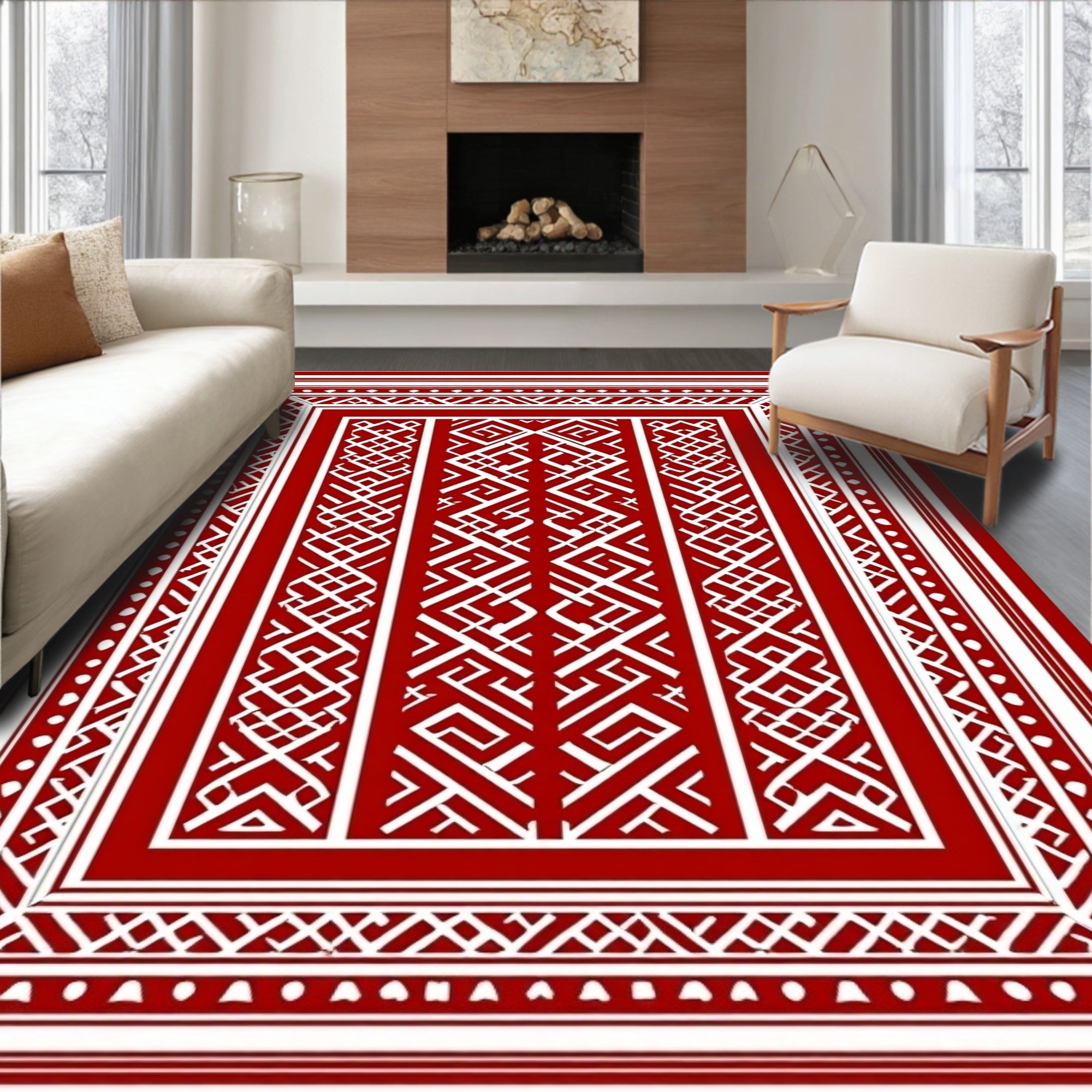 Crisp Red White Geometric Ancestral Rug