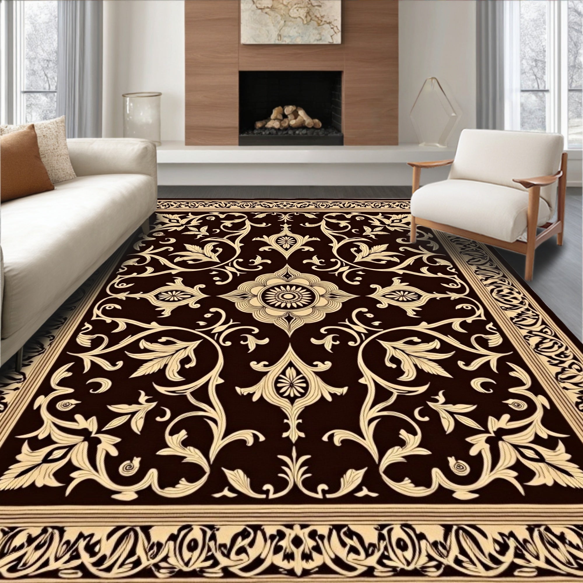Rich Cream Floral Medallion Dark Rug