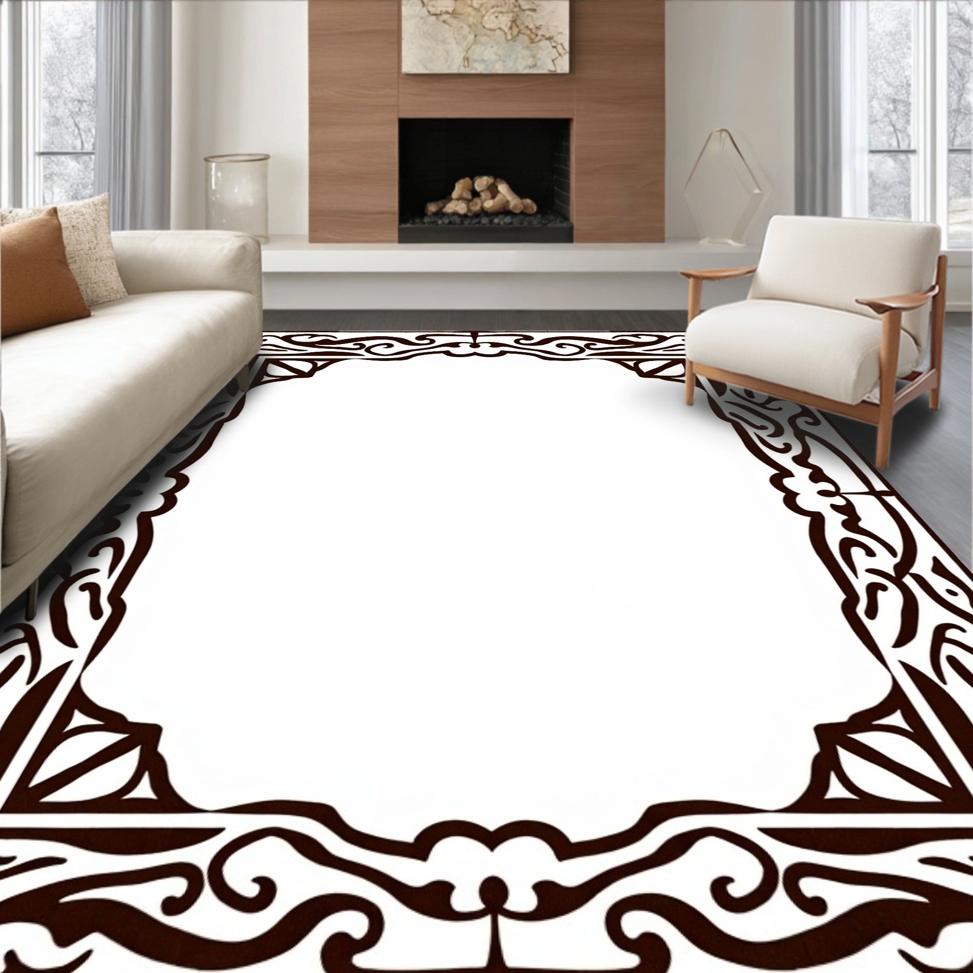 Dark Brown Ornamental Flourish Frame Rug