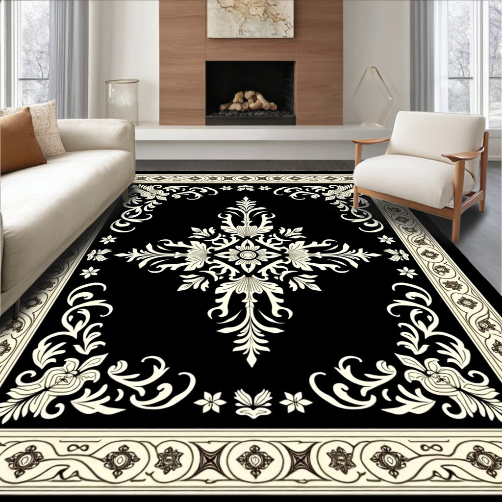 Classic Black Cream Floral Scroll Rug