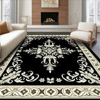 Classic Black Cream Floral Scroll Rug