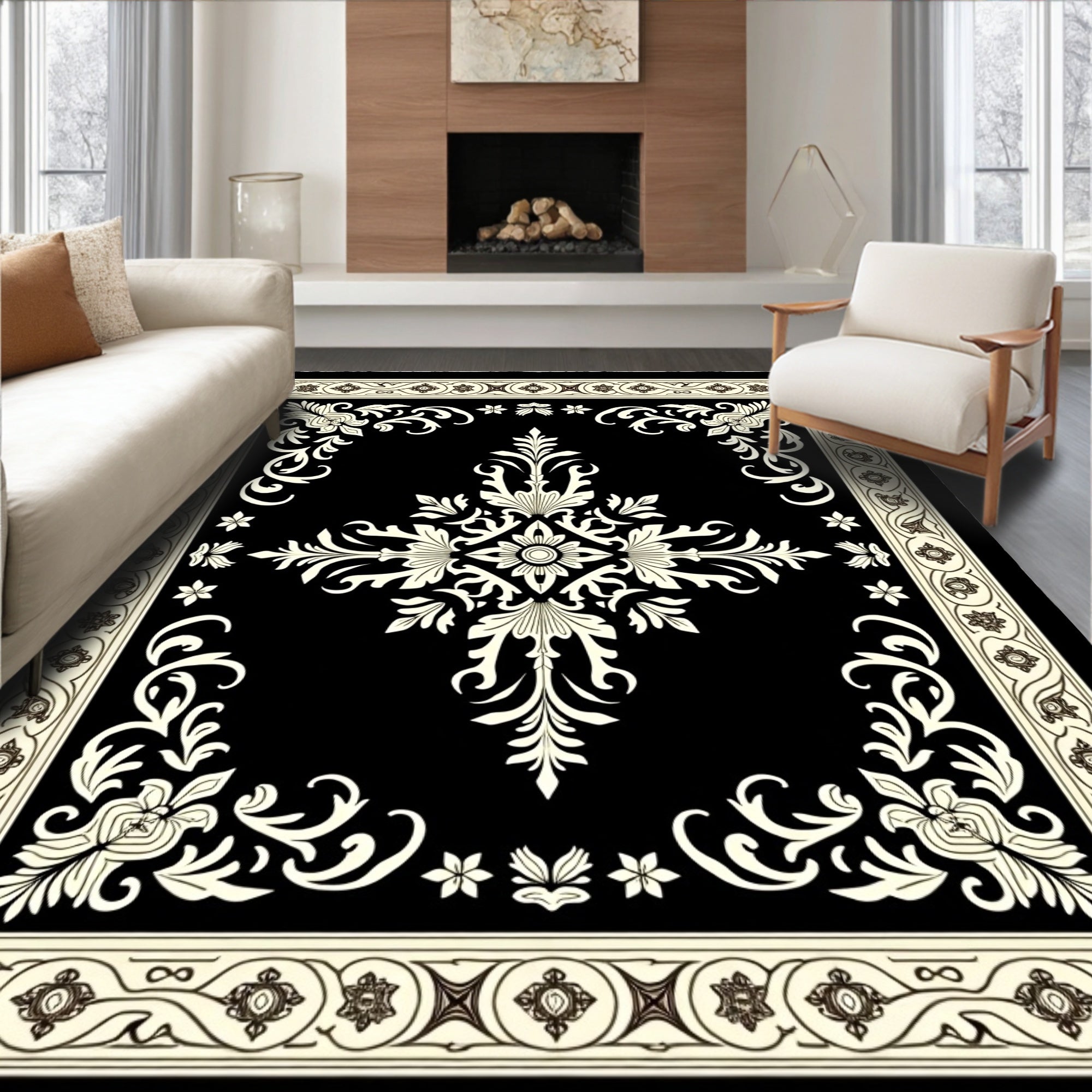 Classic Black Cream Floral Scroll Rug