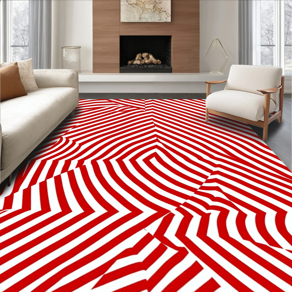 Crimson White Optical Illusion Stripes Rug