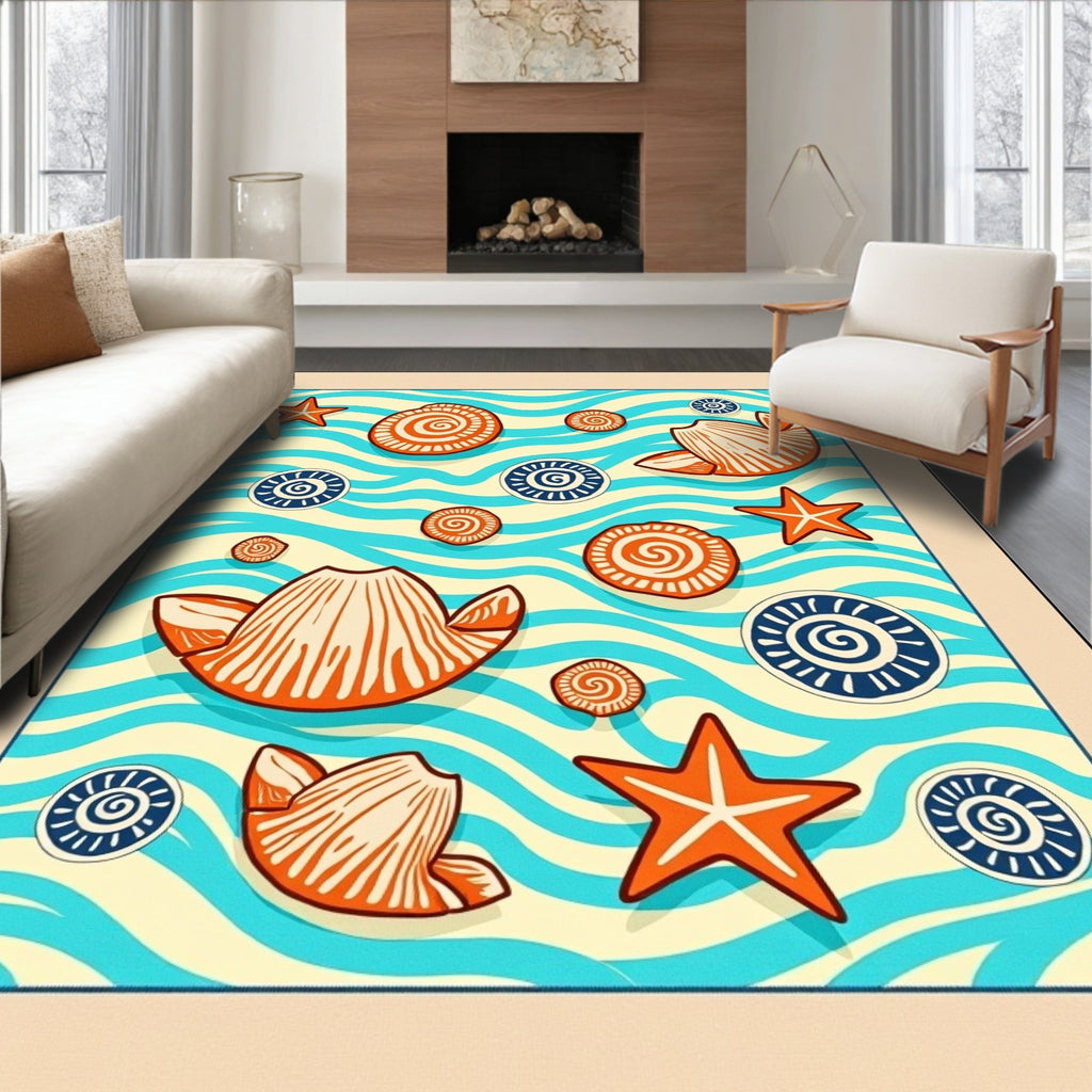 Orange Seashells on Blue Wave Backdrop Rug