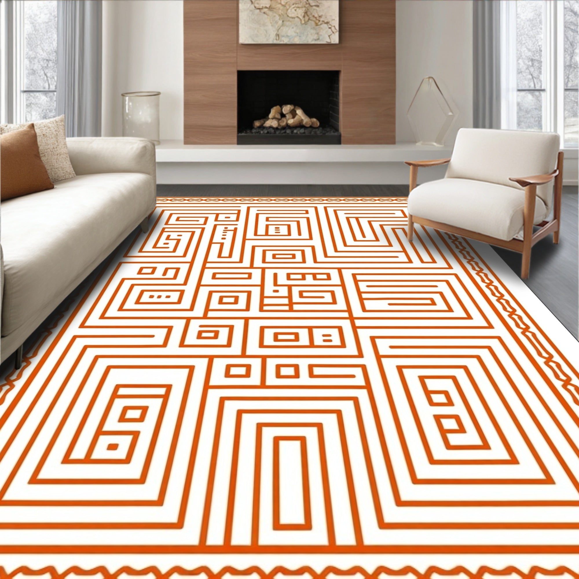 Orange Maze With Geometric Border Rug