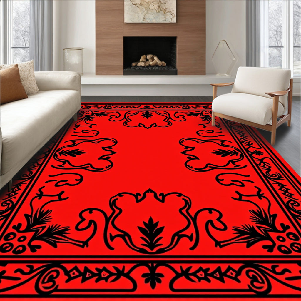 Bold Red Black Interlocking Scroll Rug