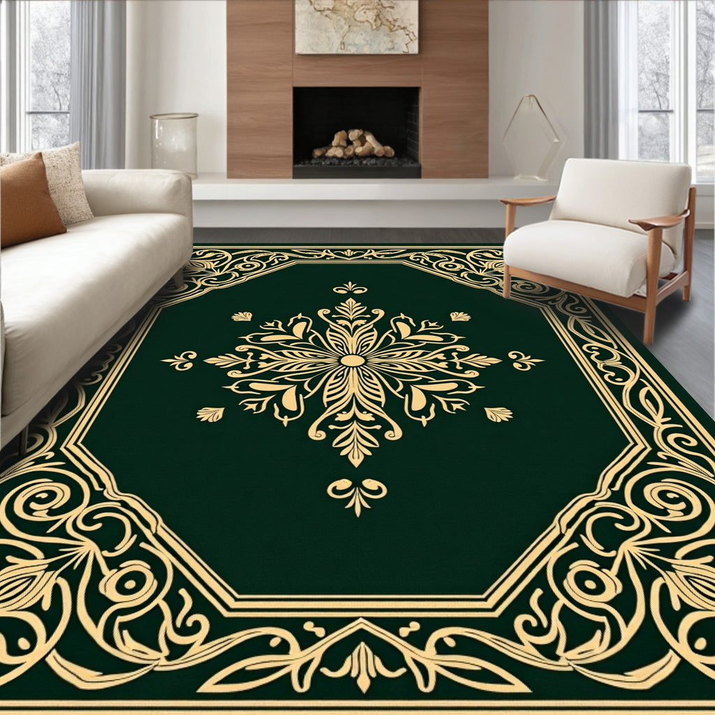 Deep Emerald Golden Floral Medallion Ornament Rug