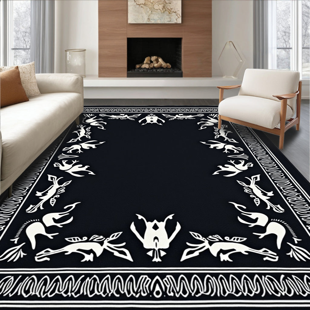 Bold Black White Folkloric Animal Border Rug