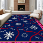 Navy Snowflake Swirl Red Text Rug