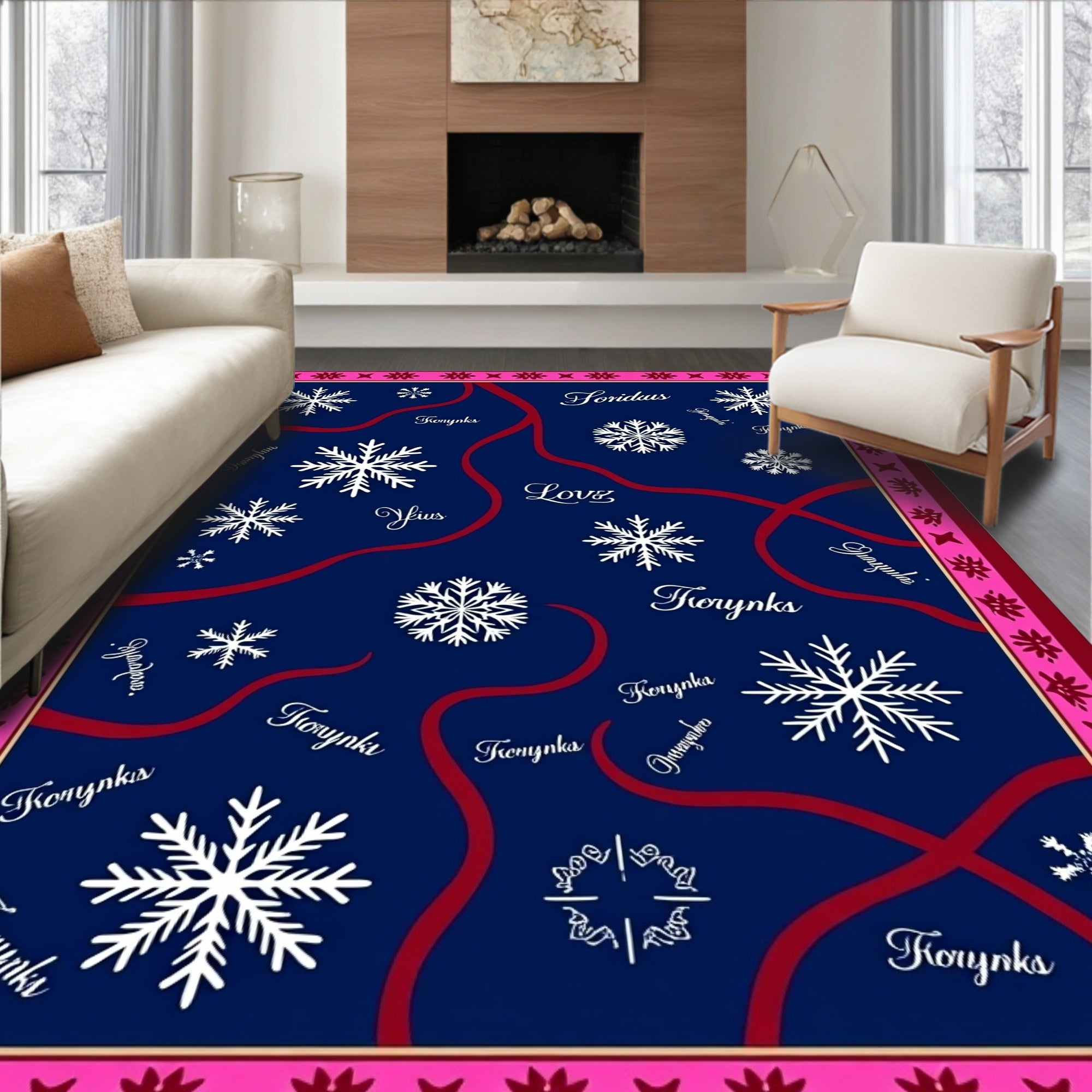 Navy Snowflake Swirl Red Text Rug