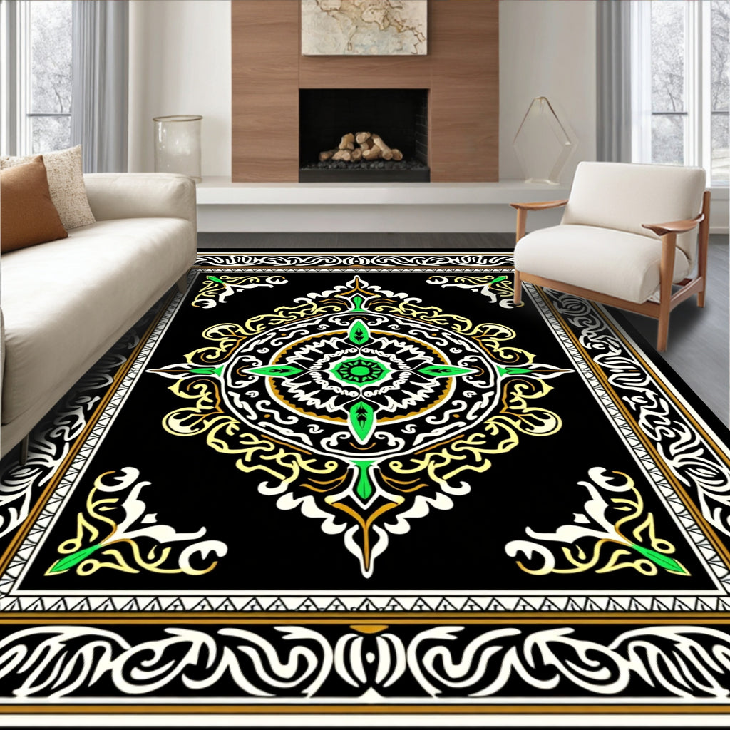 Green Floral Medallion Black Border Rug
