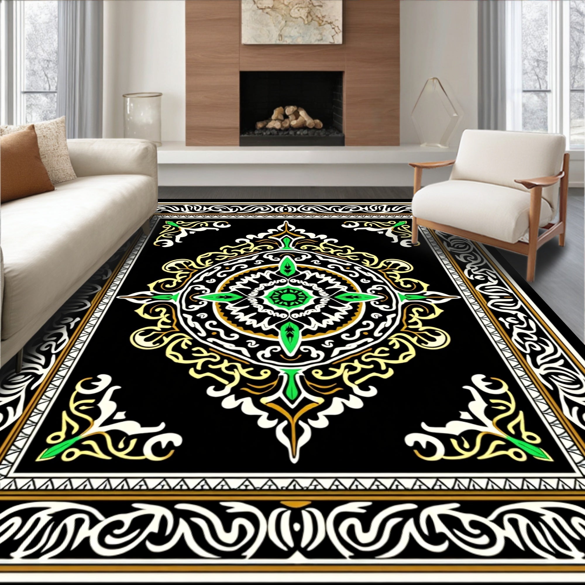 Green Floral Medallion Black Border Rug