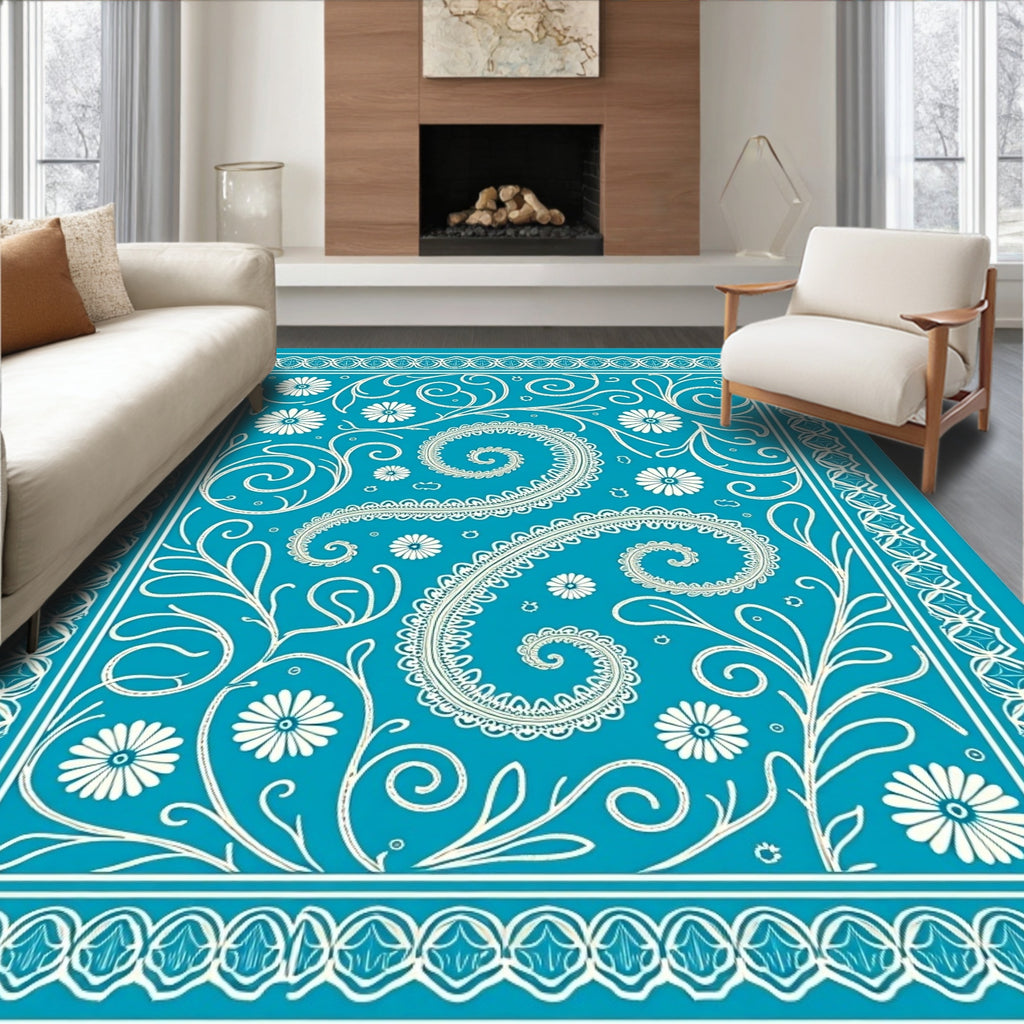 Turquoise White Paisley Floral Swirl Rug