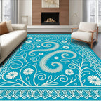 Turquoise White Paisley Floral Swirl Rug