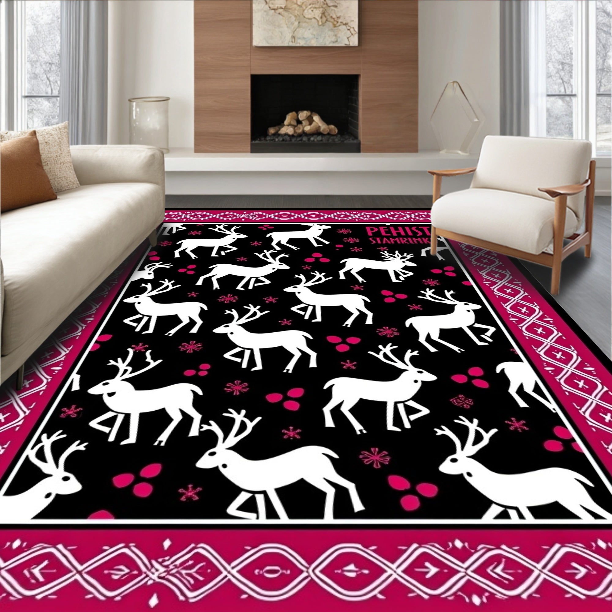 White Reindeer Berry Black Border Rug