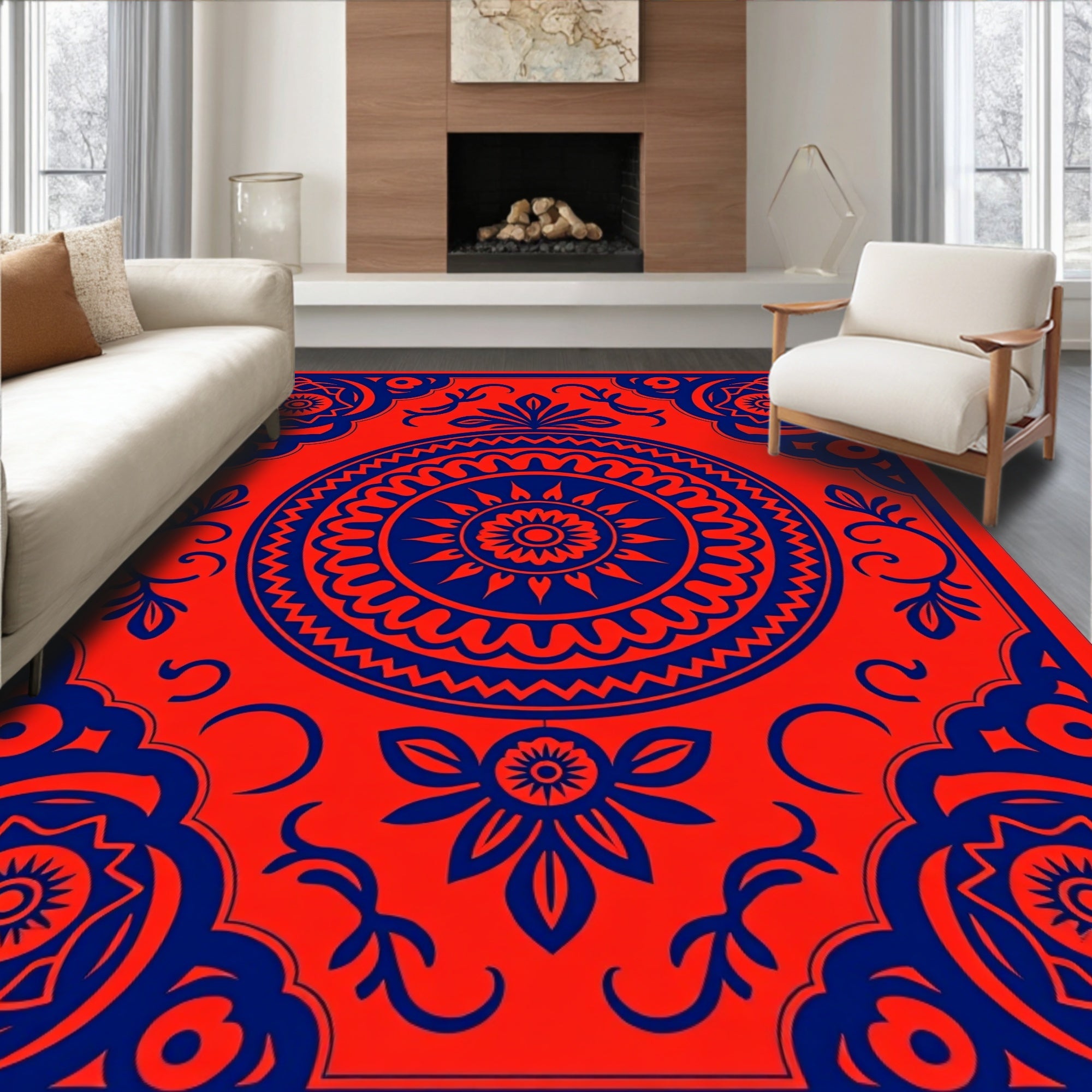 Vibrant Scarlet Sun Mandala Textile Rug